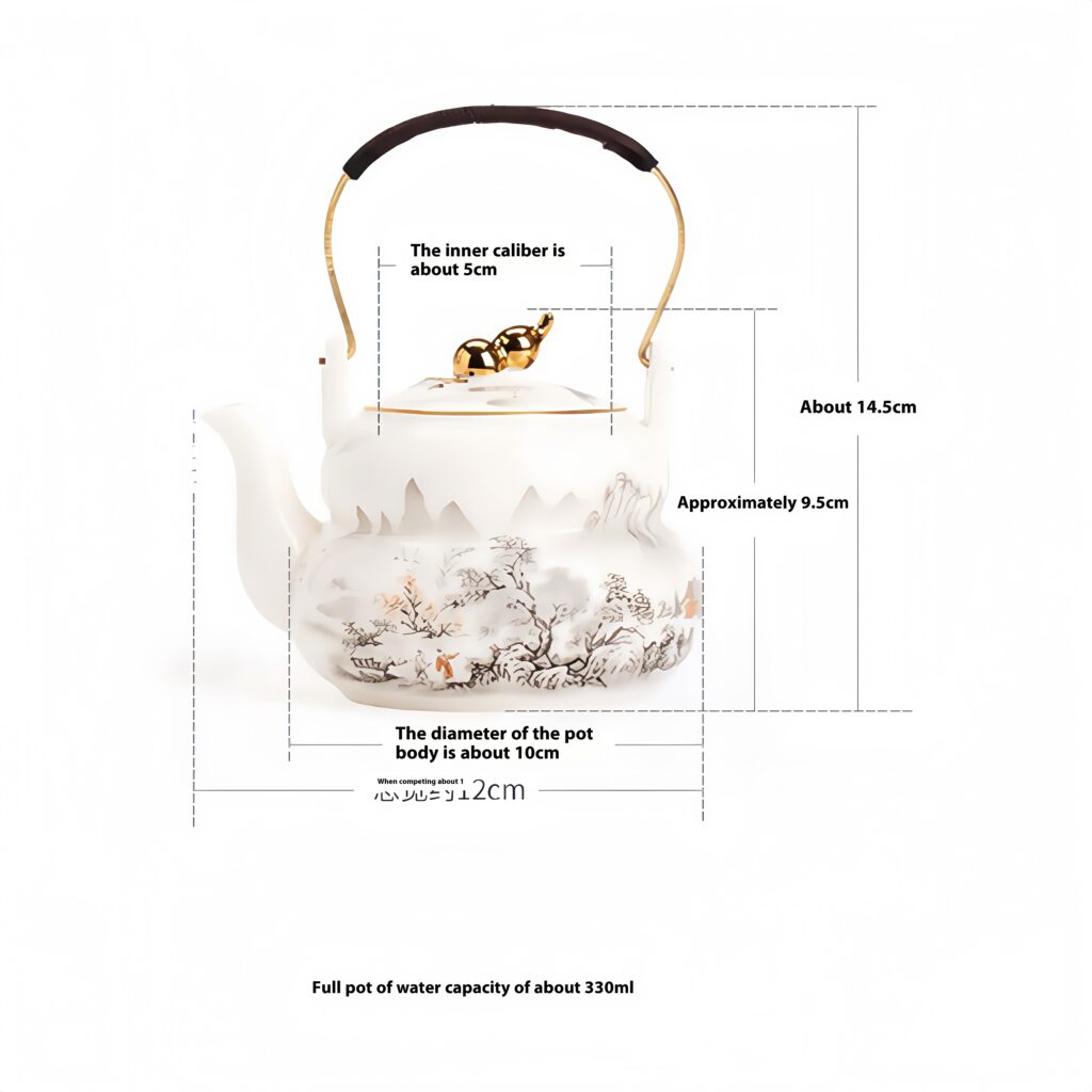 Total width: 12cm, total height: 14.5cm, full water capacity 330ml