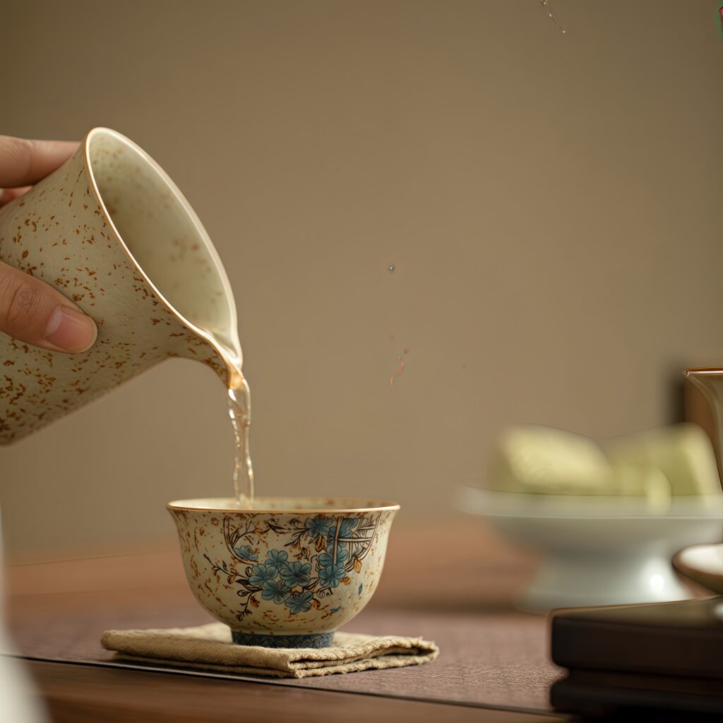 Blue and white flint, red window flower, gold painted cloud tripod cup 