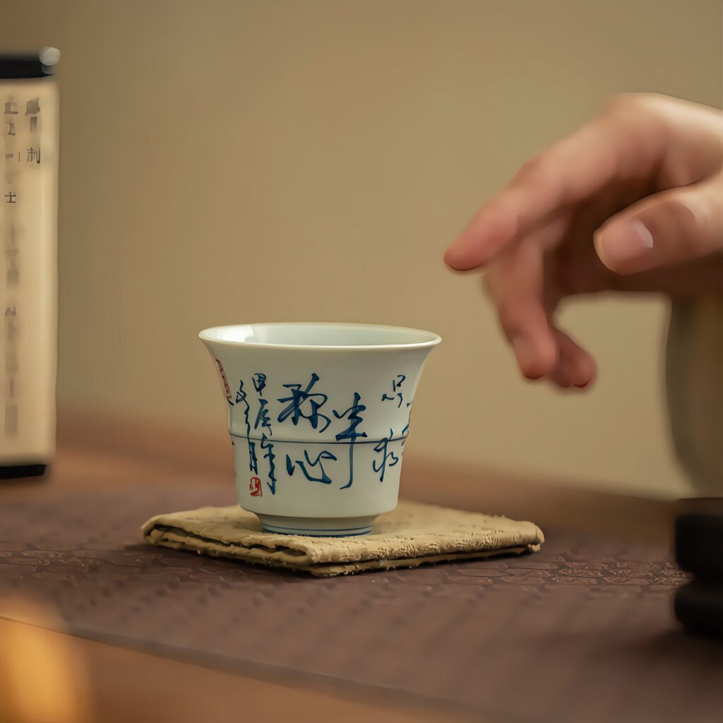 Handwritten calligraphy antique blue and white tea cup, ceramic tea set, bamboo tea tasting cup