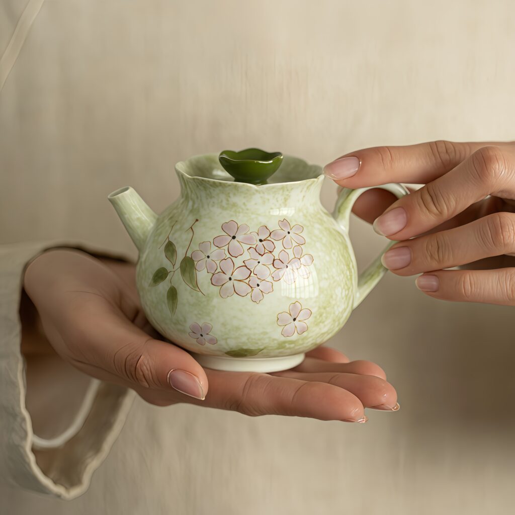 Hand drawn embroidered ball flower blooming teapot