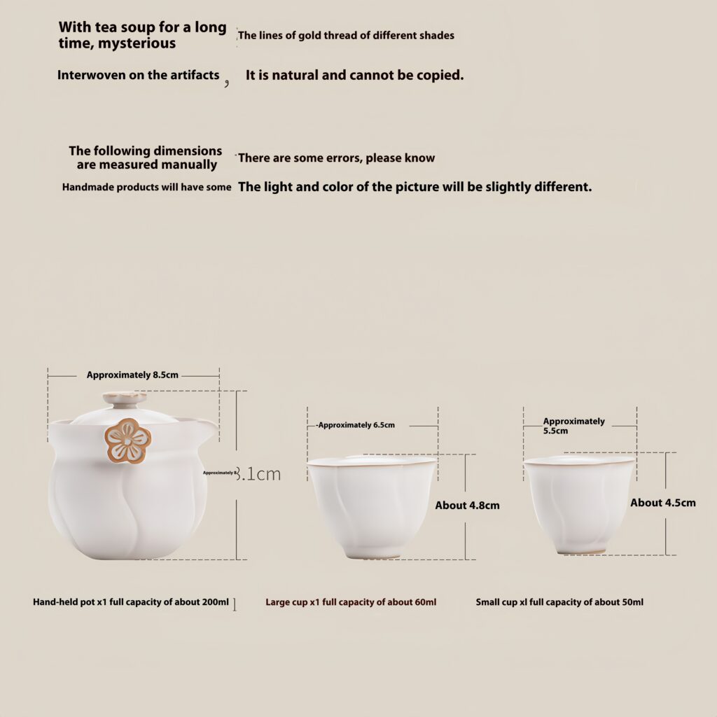 Handheld teapot x1 has a full capacity of approximately 200ml, 8.5cm, and 8.1cm
Large cup x1 with a full capacity of about 60ml, about 6.5cm, about 4.8cm
Small cup x1 with a full capacity of about 50ml, about 5.5cm, about 4.5cm