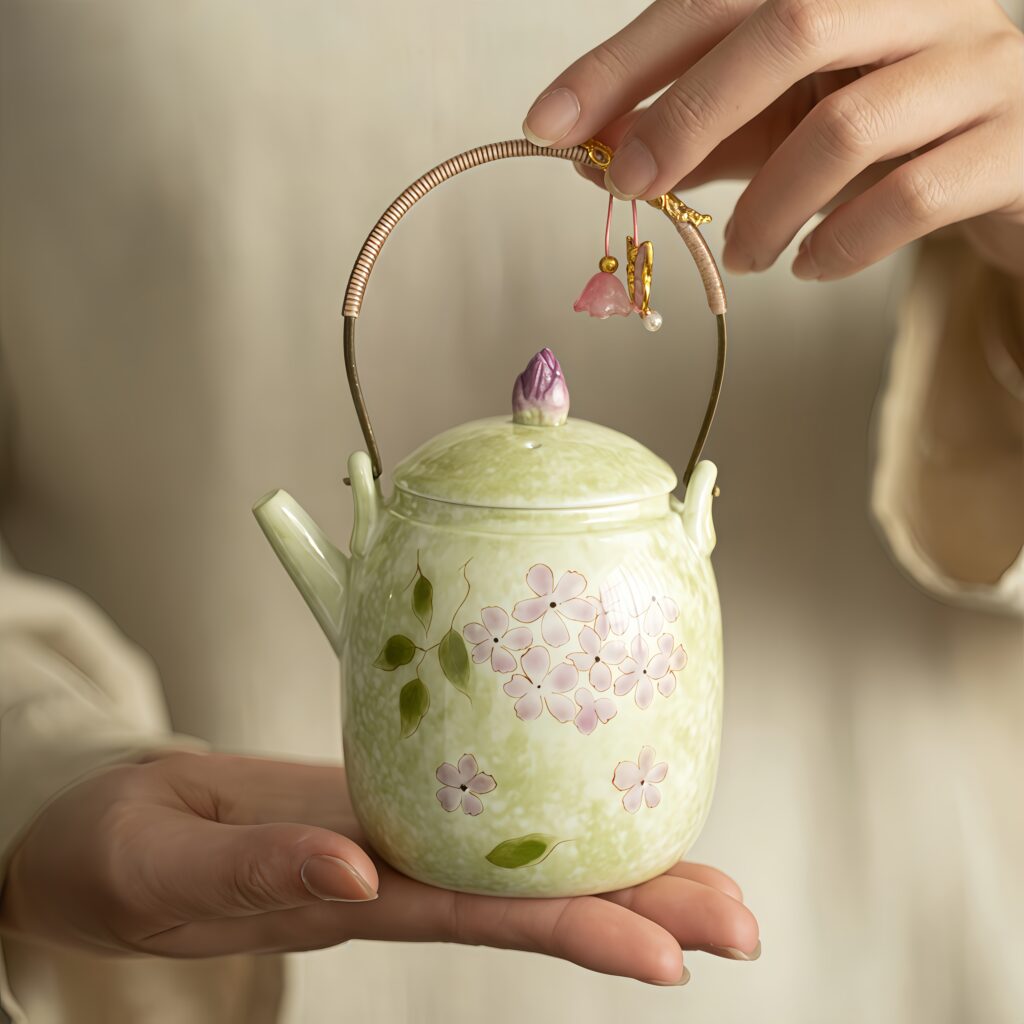 Hand drawn underglaze pink embroidered ball teapot, handle teapot, soaking teapot, handmade ceramic teapot