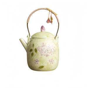 Hand drawn hydrangea flowers bloom, lifting the beam, teapot