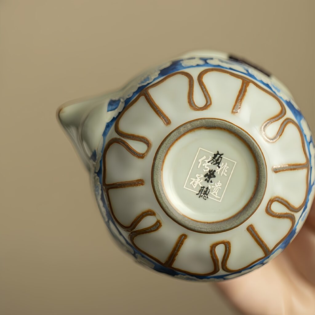 Ru Kiln Yuan Blue and White Open Teapot Tea Cup Travel Tea Set with Bag Outdoor Camping Handheld Teapot Teapot