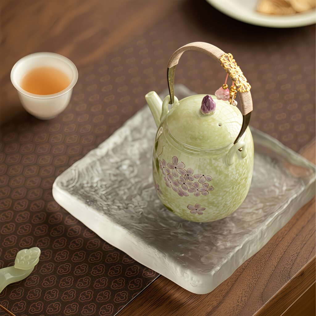 Hand drawn hydrangea flowers bloom, lifting the beam, teapot