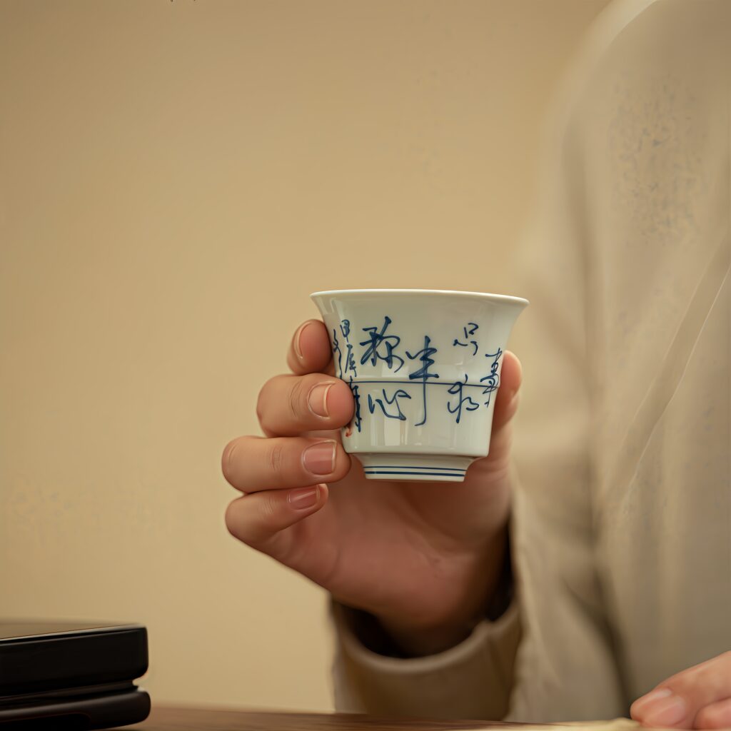 Handwritten calligraphy antique blue and white tea cup, ceramic tea set, bamboo tea tasting cup