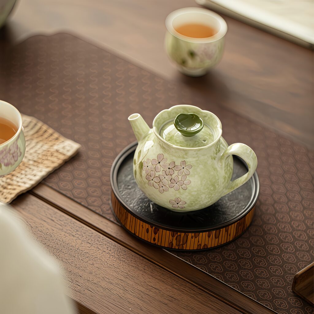 Hand drawn embroidered ball flower blooming teapot