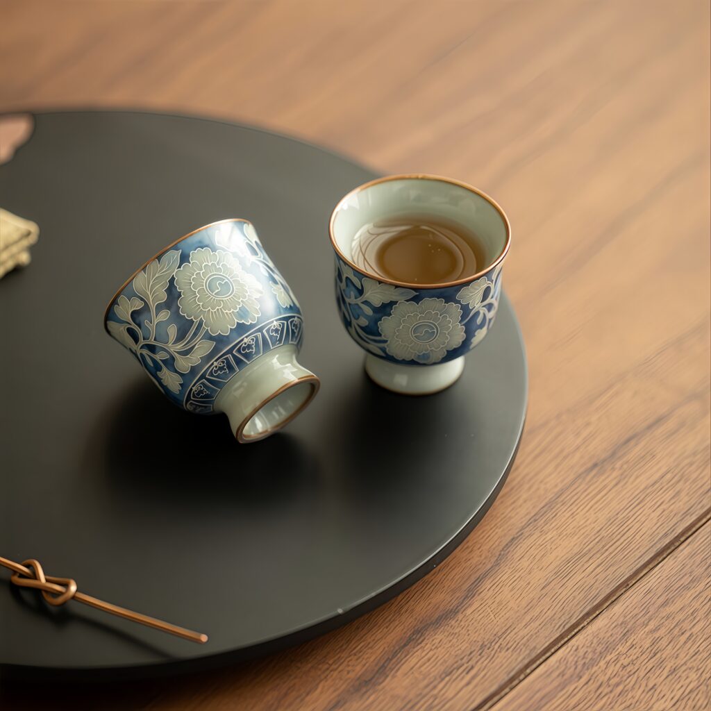 Ru kiln Yuan blue and white tea cup, master cup, guest cup, ceramic tea set, high footed cup, can be used to nourish peonies, tea tasting cup