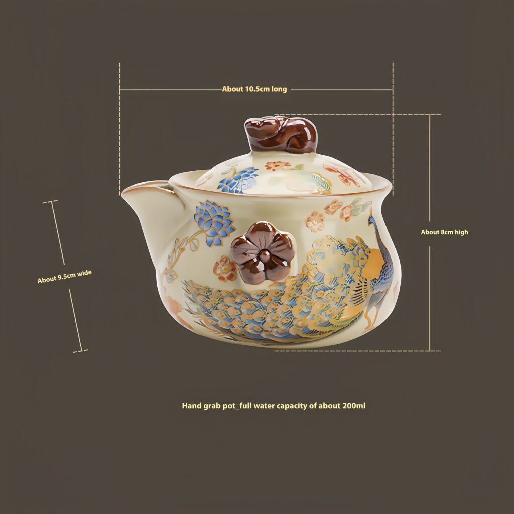 Imitation of Song Ru Kiln Peacock Handheld Pot 10 Product specifications: Overall: approximately 10.5cm in length, 9.5cm in width, and 8cm in height, with a capacity of approximately 200ml when filled with water