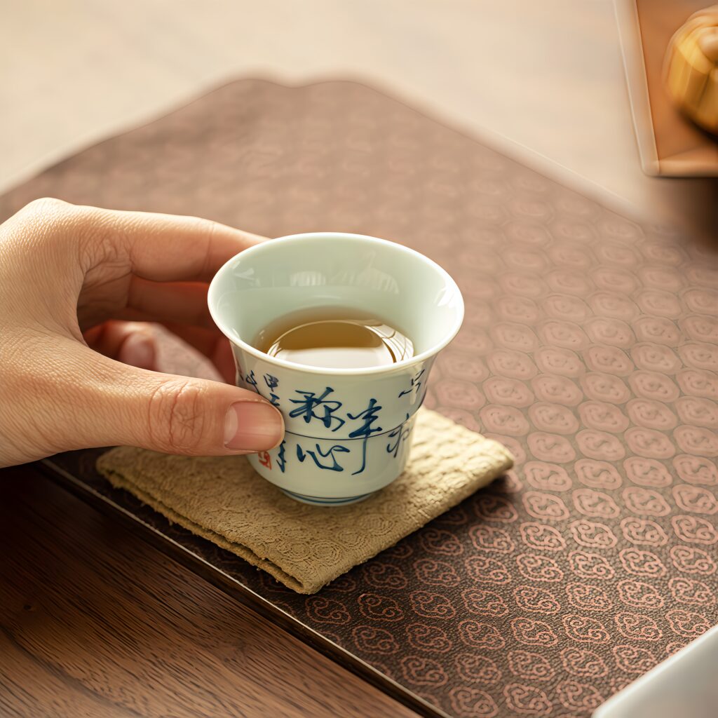 Handwritten calligraphy antique blue and white tea cup, ceramic tea set, bamboo tea tasting cup