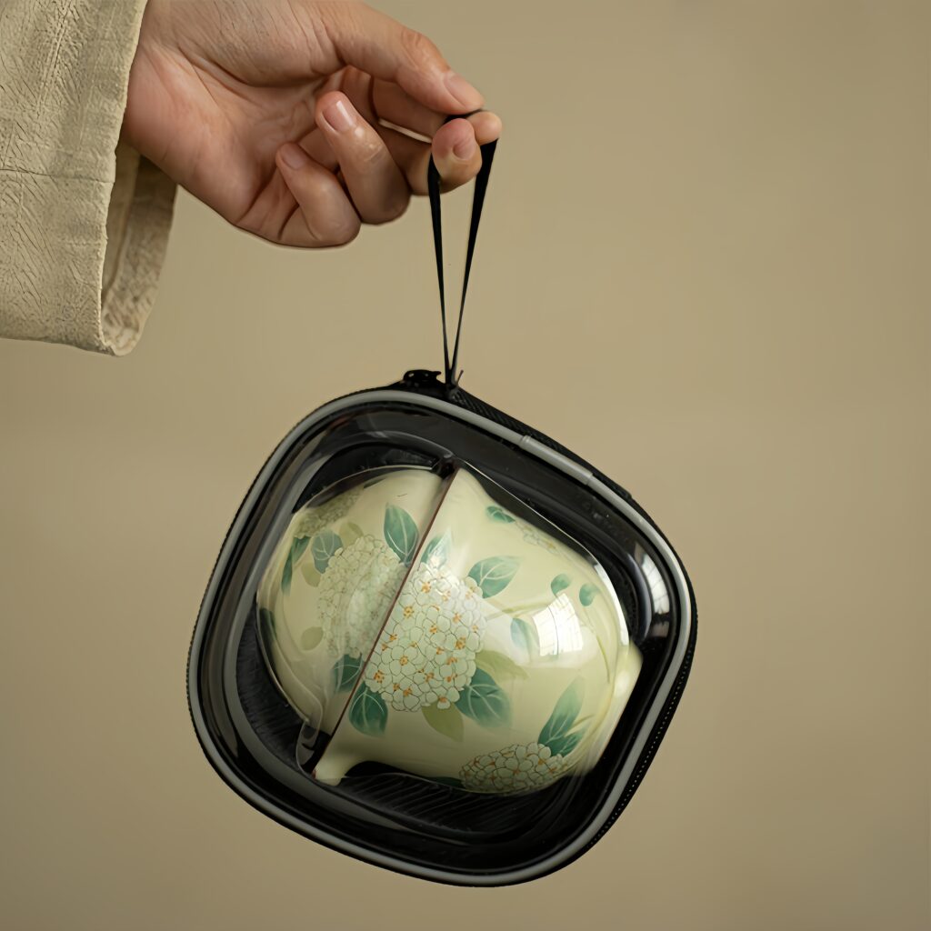 Embroidered Ball Flower Ru Kiln Opening Travel Set Ceramic Tea Set Portable Kuaike One Pot Three Cups Kung Fu Tea Set