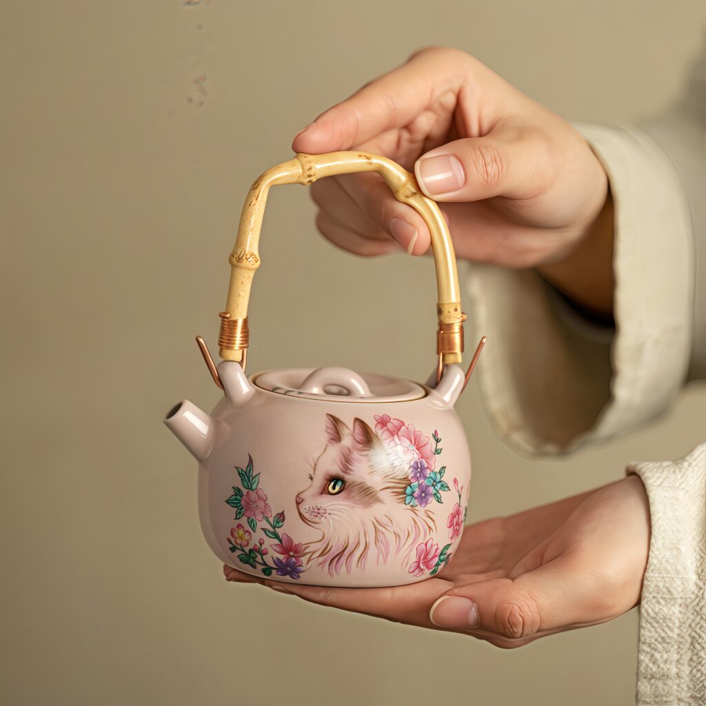 Vintage Ru Kiln Pink Cat Bamboo Knot Teapot 2 Vintage Ru Kiln Pink Cat Bamboo Knot Teapot
