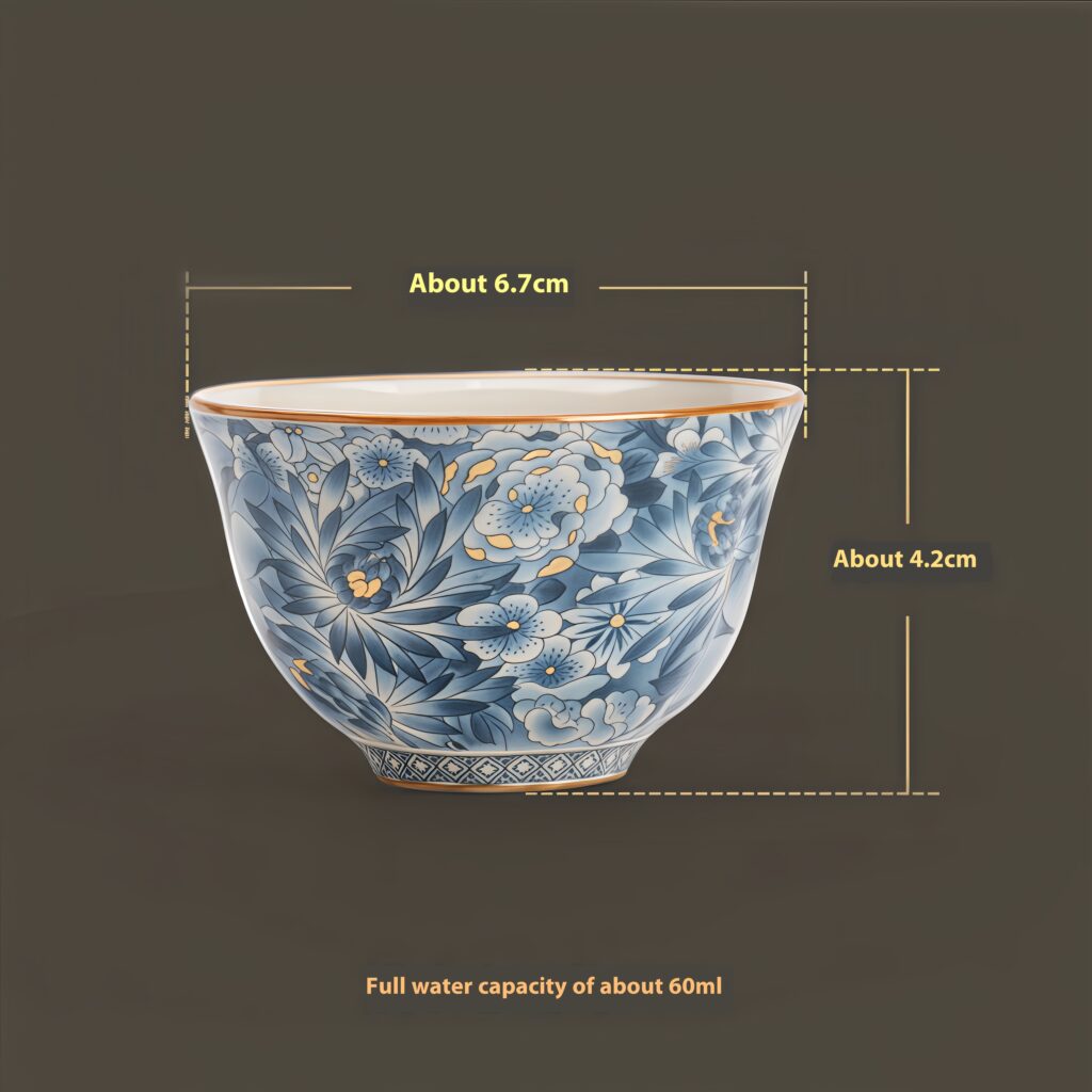 Imitation Song Ru Kiln Golden Wanhua Tea Cup 11 The total width is about 7.2cm, the total height is about 4.2cm, and the full water capacity is about 60ml