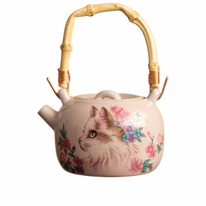 Vintage Ru Kiln Pink Cat Bamboo Knot Teapot