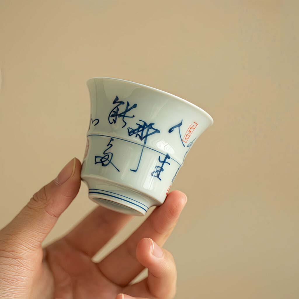 Handwritten calligraphy antique blue and white tea cup, ceramic tea set, bamboo tea tasting cup