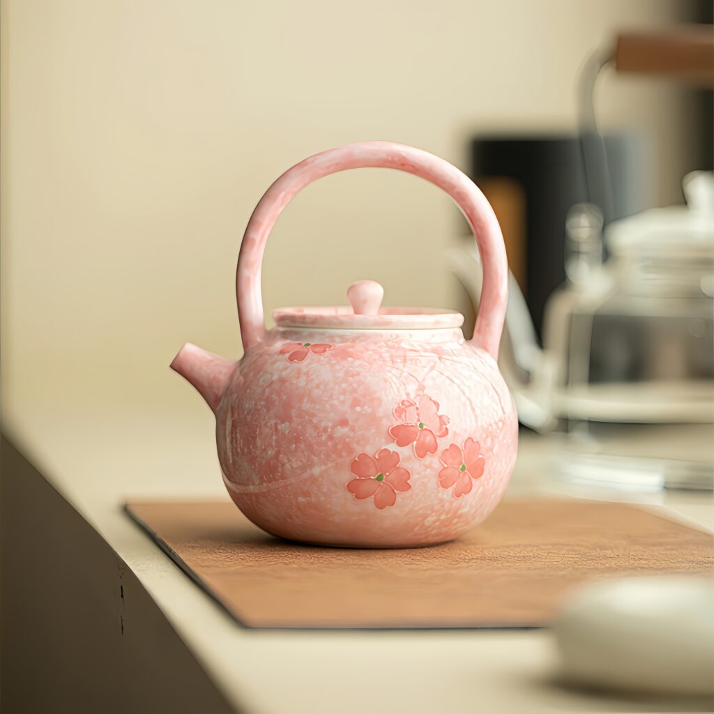 Hand drawn relief cherry blossom powder teapot, handle teapot, brewing teapot, exquisite girls' afternoon tea, home kung fu tea set