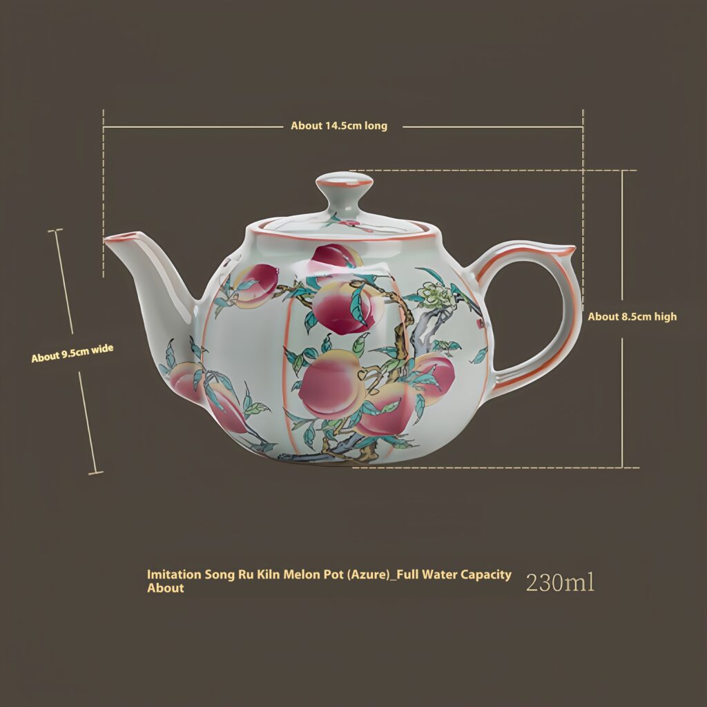 Tianqing Ru Kiln Nine Peach Painted Teapot 12 Product specifications: Approximately 14.5x9.5x8.5c in length, 9.5x8.5c in height, Capacity: Full water capacity 230ml