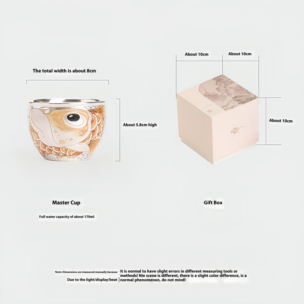 Tea cup: approximately 8cm wide and 5.8cm high, with a full capacity of approximately 170ml
Gift box: approximately 10cm in length, 10cm in width, and 10cm in height