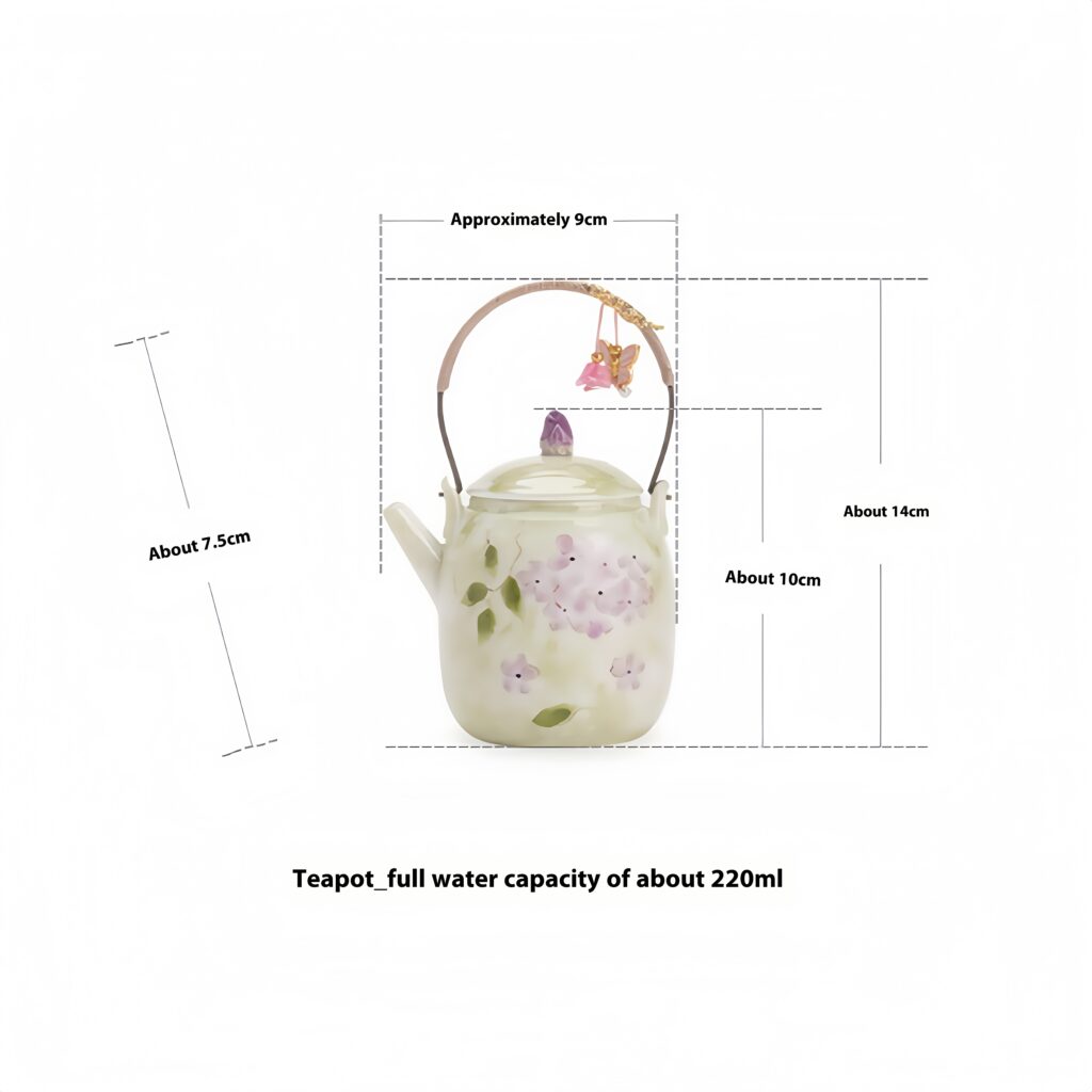 Hand drawn hydrangea flowers bloom, lifting the beam, teapot 10 Product specifications: 9cm in length, 7.5cm in width, and 14cm in height, with a full water capacity of approximately 220ml