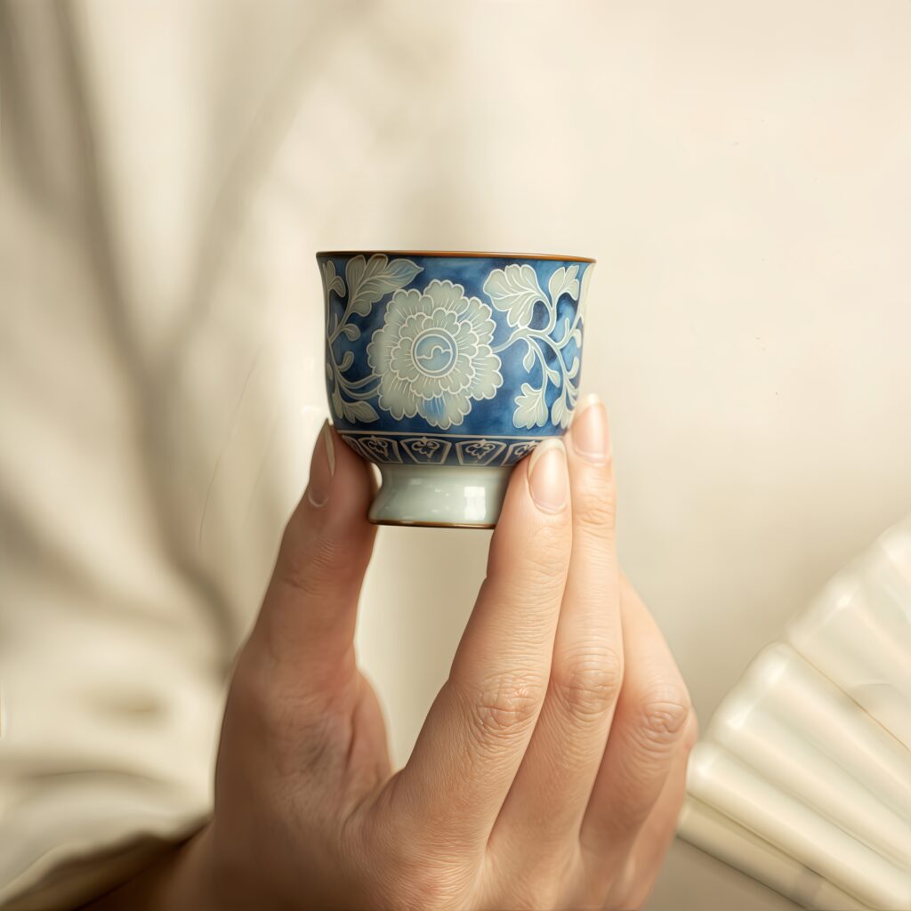 Ru kiln Yuan blue and white tea cup, master cup, guest cup, ceramic tea set, high footed cup, can be used to nourish peonies, tea tasting cup