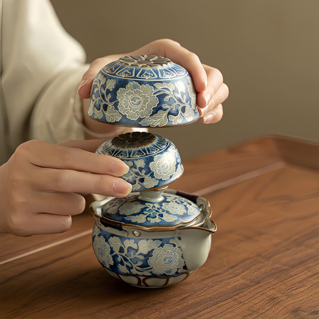 Ru Kiln Yuan Blue and White Open Teapot Tea Cup Travel Tea Set with Bag Outdoor Camping Handheld Teapot Teapot