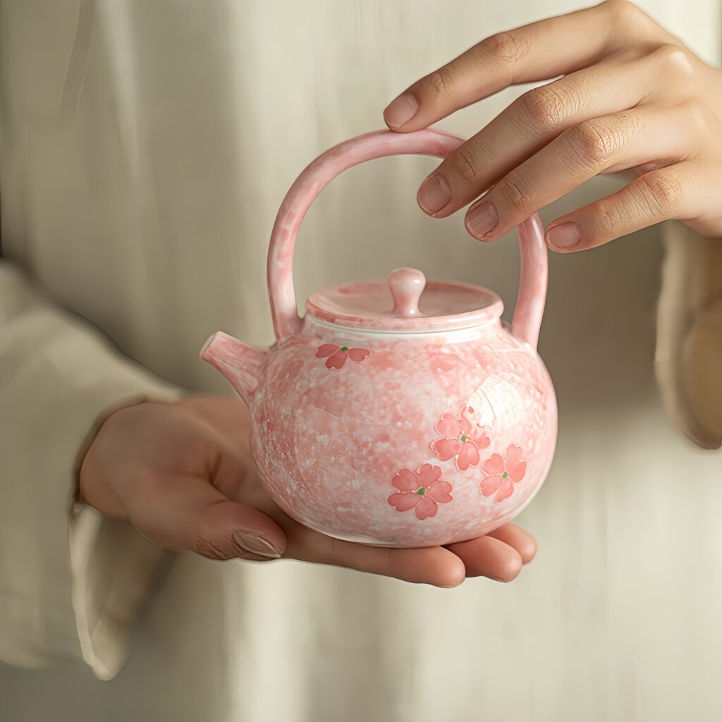 Hand drawn relief cherry blossom powder teapot, handle teapot, brewing teapot, exquisite girls' afternoon tea, home kung fu tea set