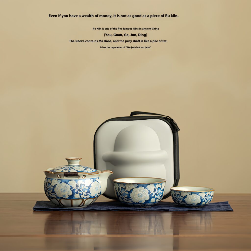 Ru Kiln Yuan Blue and White Open Teapot Tea Cup Travel Tea Set with Bag Outdoor Camping Handheld Teapot Teapot