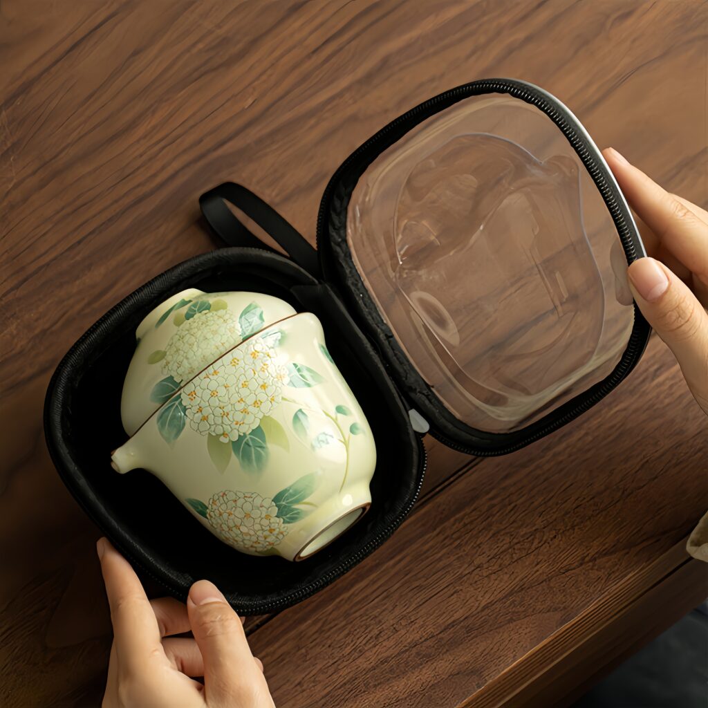 Embroidered Ball Flower Ru Kiln Opening Travel Set Ceramic Tea Set Portable Kuaike One Pot Three Cups Kung Fu Tea Set