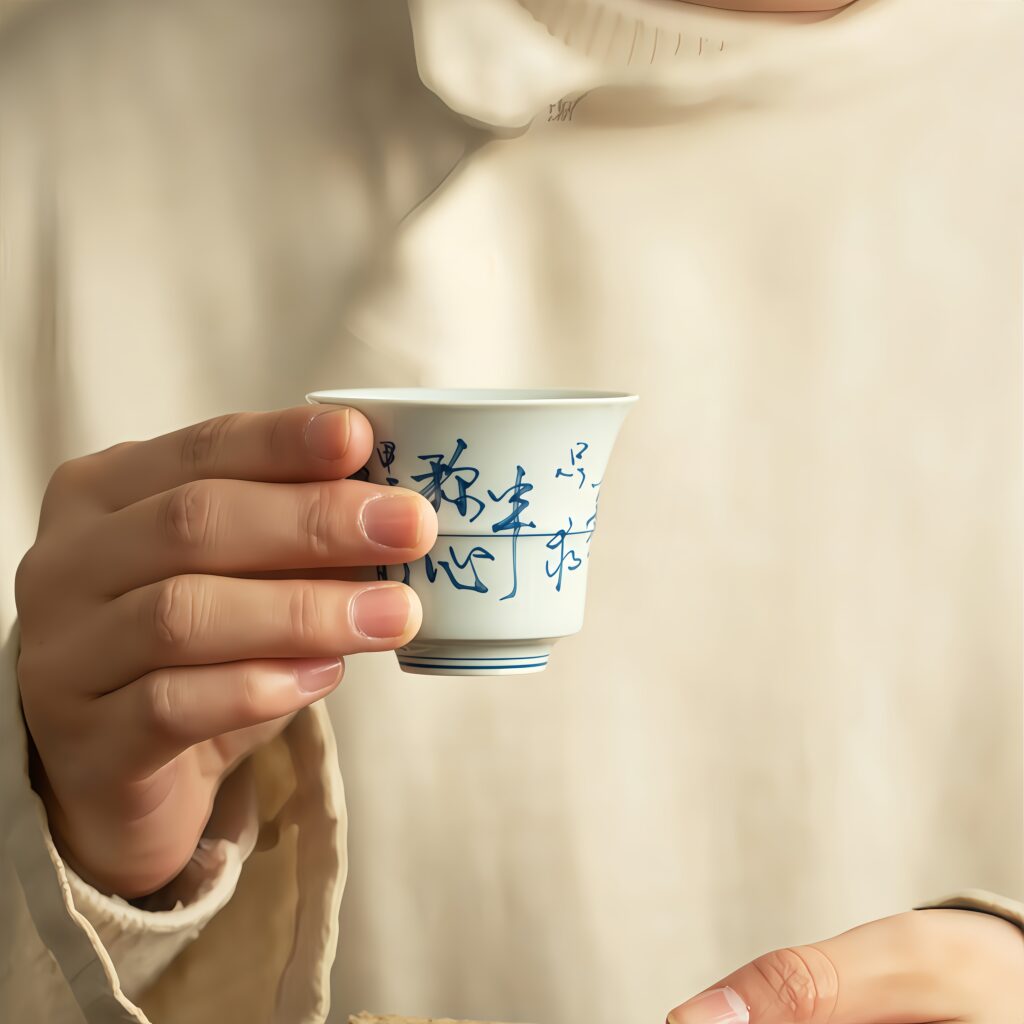 Handwritten calligraphy antique blue and white tea cup, ceramic tea set, bamboo tea tasting cup