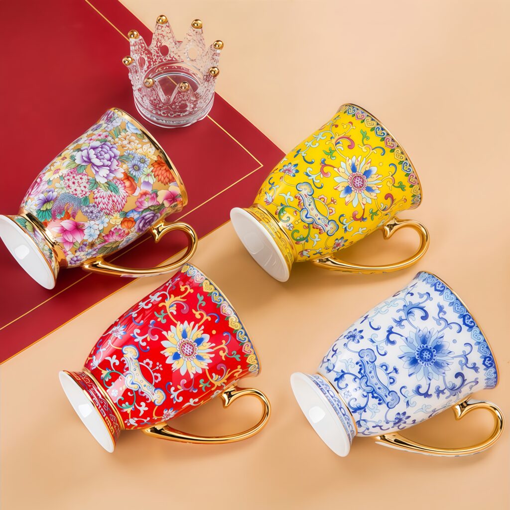 Enamel coffee cup Jingdezhen gold border entwined lotus high foot mug Chinese office cup bone china water cup coffee cup dish