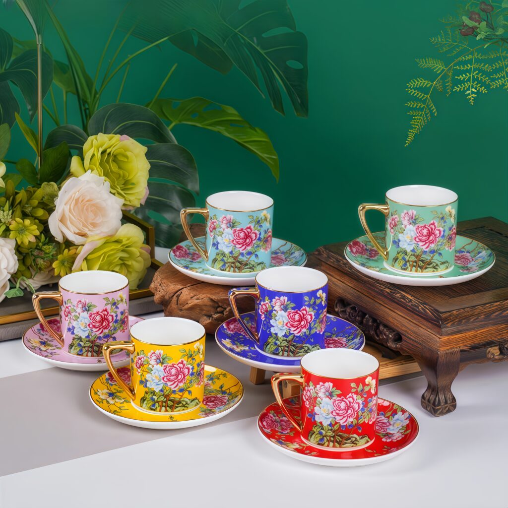 Jingdezhen enamel ceramic cup, high-end gold border peony sea style coffee cup, afternoon tea dessert cup