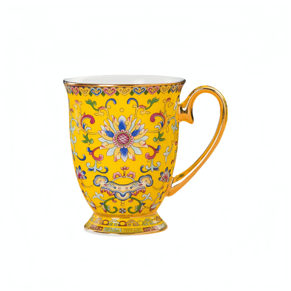 Enamel coffee cup Jingdezhen gold border entwined lotus high foot mug