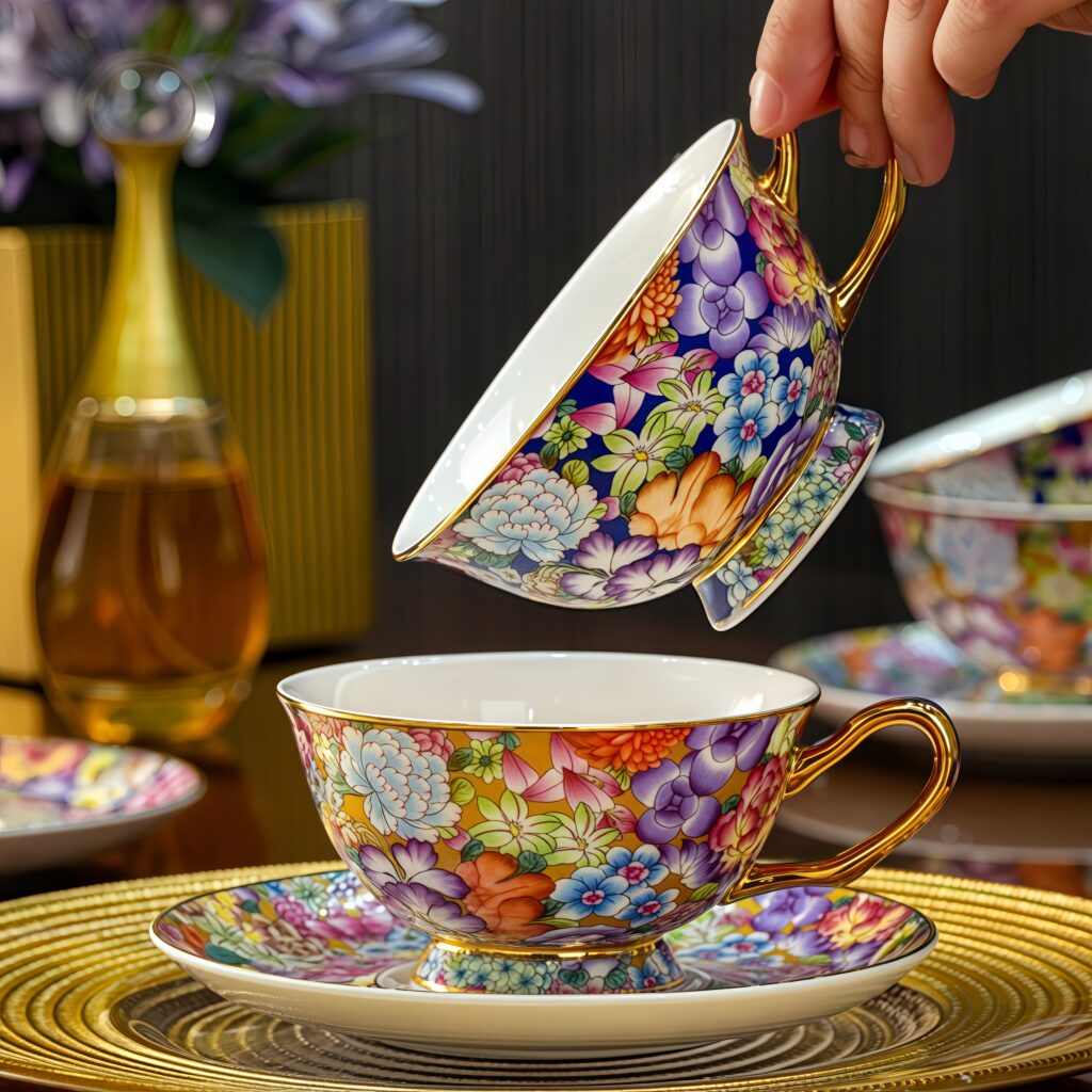 Vintage Palace Style Cup Enamel Colorful Kaleidoscope Coffee Cup Plate 4 Enamel colored Wanhua coffee cup, plate, Jingdezhen retro palace style cup, ladies' exquisite afternoon tea cup