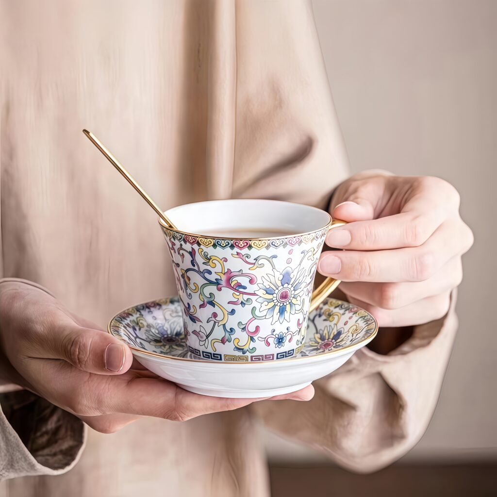 Enamel colored coffee cups, creative retro coffee utensils, afternoon tea, ceramic cups, home European cups, tea cups, plates