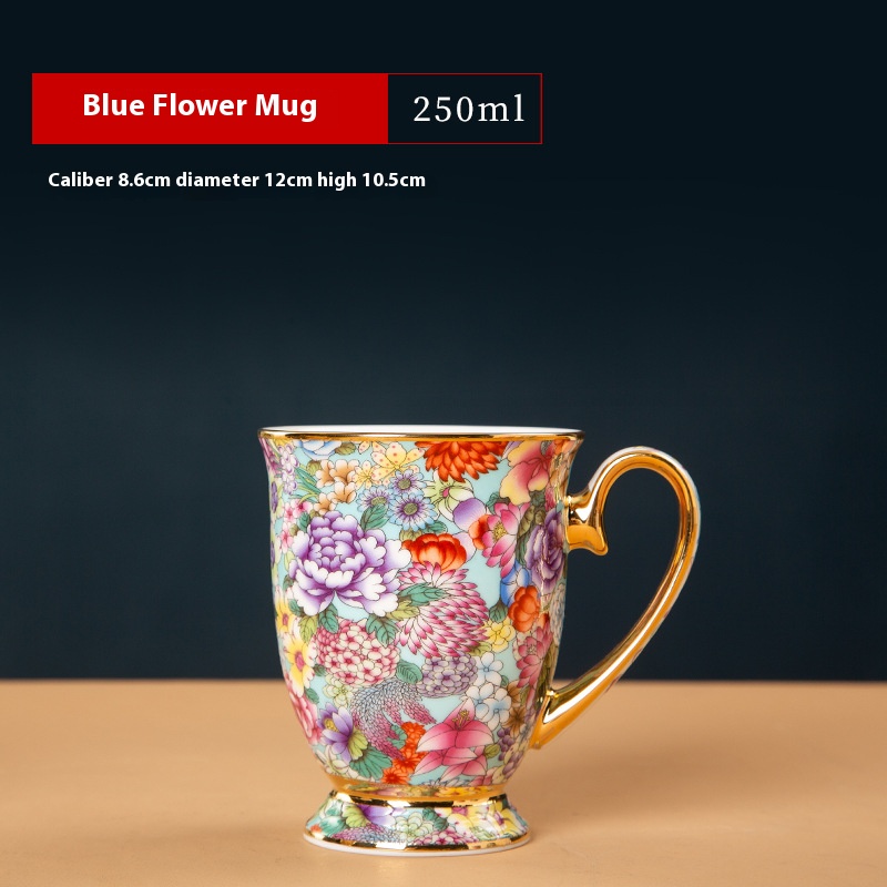 Enamel coffee cup Jingdezhen gold border entwined lotus high foot mug Chinese office cup bone china water cup coffee cup dish