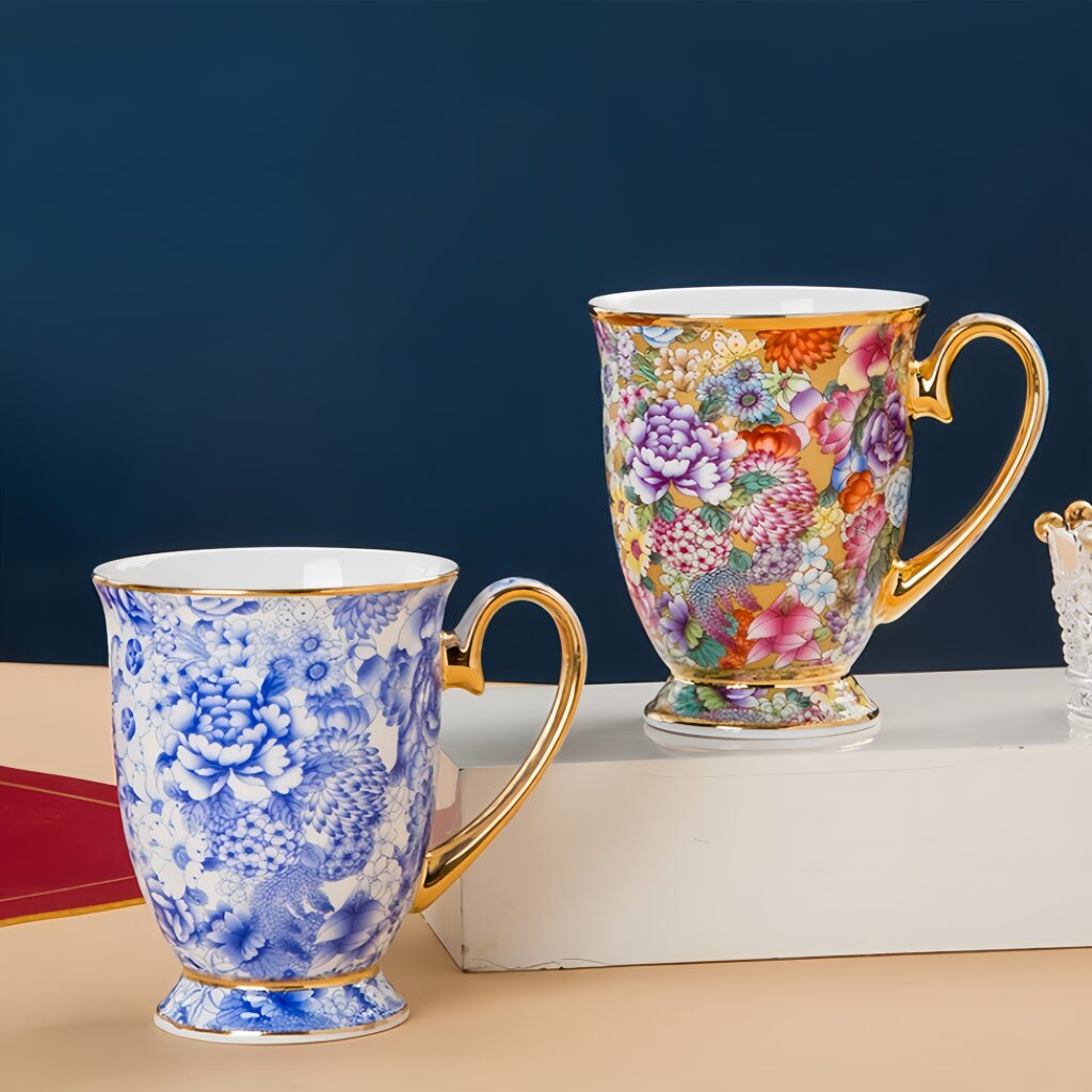 Enamel coffee cup Jingdezhen gold border entwined lotus high foot mug Chinese office cup bone china water cup coffee cup dish
