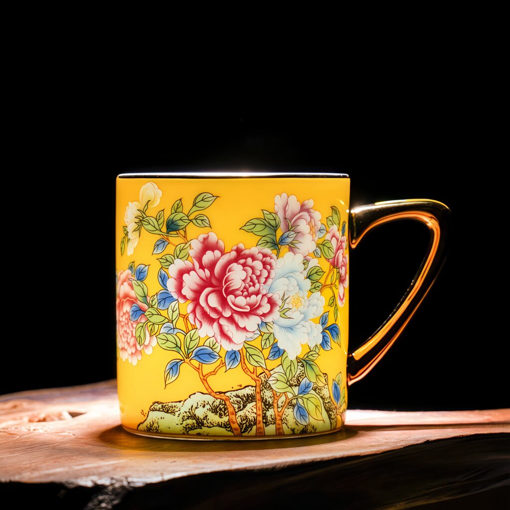 Jingdezhen enamel ceramic cup, high-end gold border peony sea style coffee cup, afternoon tea dessert cup