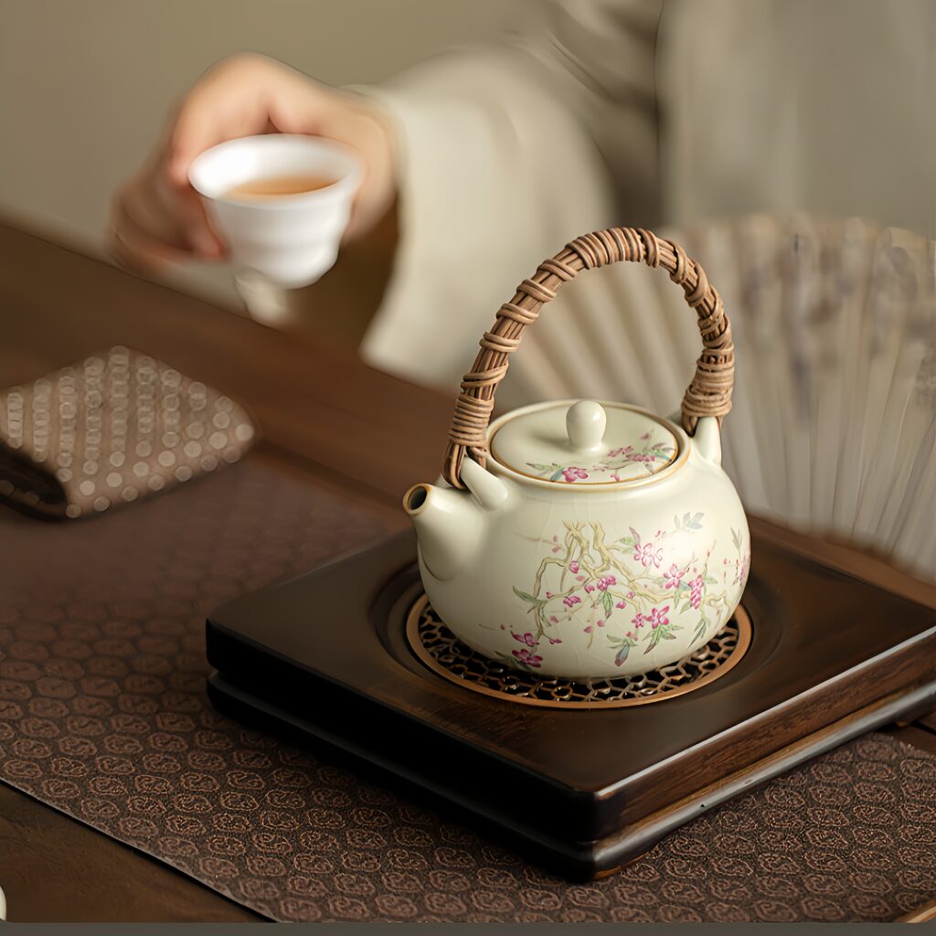 Ru kiln peach branch powder teapot, ceramic tea set, handmade rattan woven handle teapot, stuffy teapot, home set, Kung Fu tea set