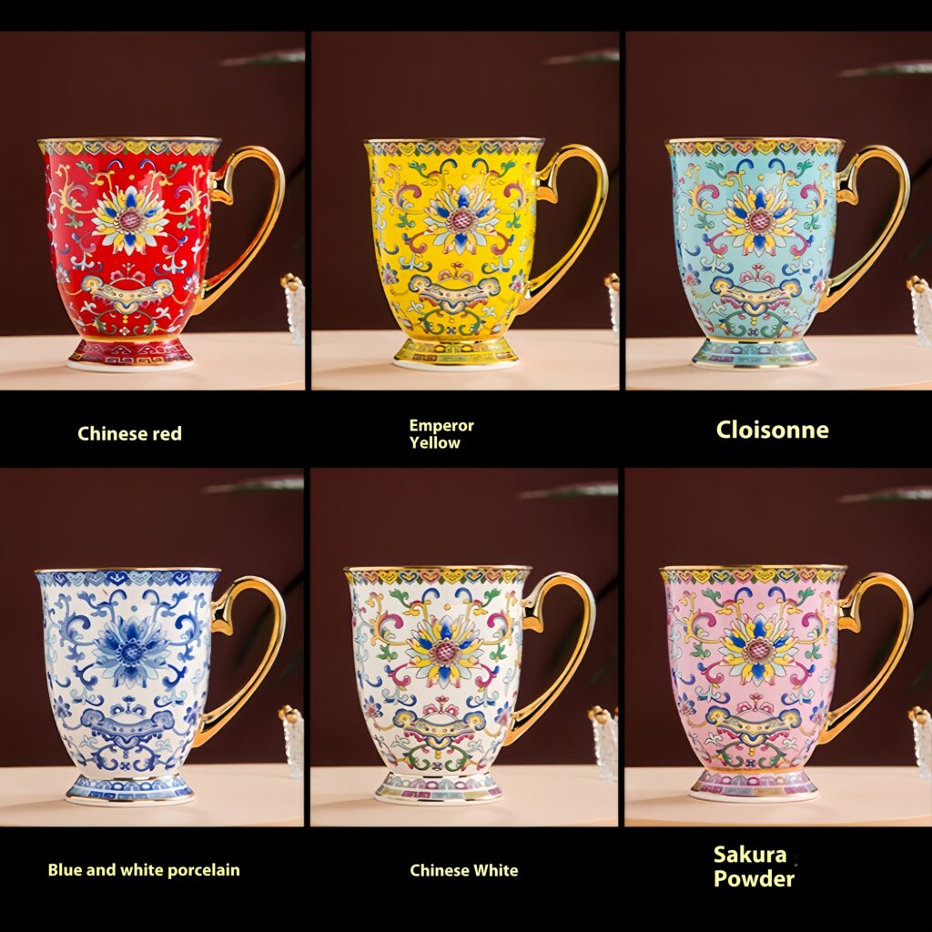 Enamel bone china coffee cup, Chinese court style flower tea water cup